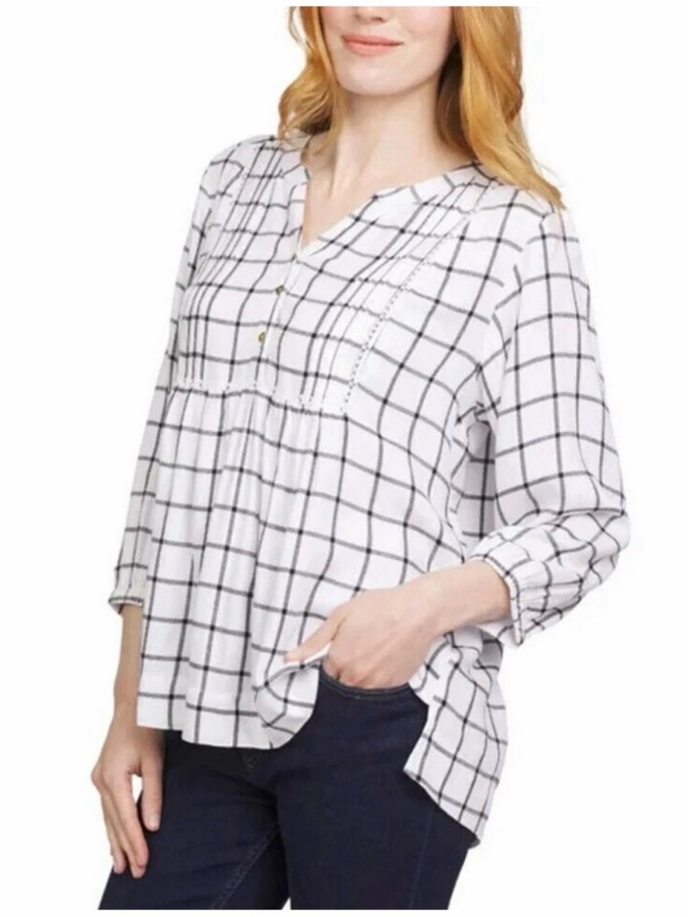 Wrangler Women's Size 3/4 Sleeve Plaid Blouse, white